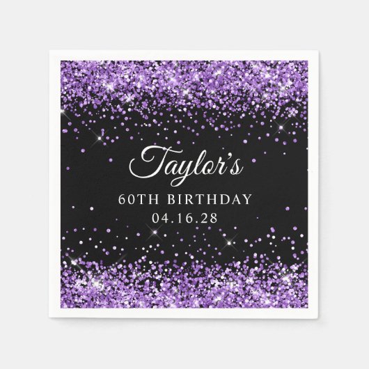 Lila Glitzer und Schwarz 60. Geburtstag Serviette (Vorderseite)
