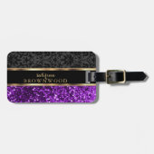 Lila Glitzer und schwarzer Damast Gepäckanhänger (Vorderseite horizontal)