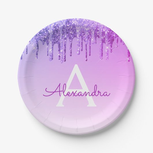 Lila Glitzer und Sparkle Monogram zum Geburtstag Pappteller (Vorderseite)