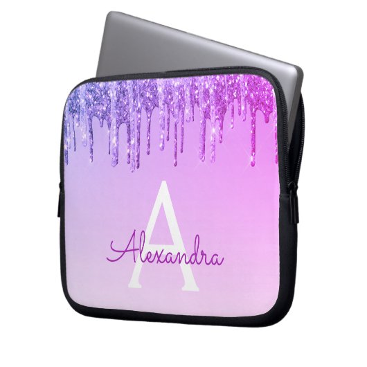 Lila Glitzer und Sparkon-Monogramm Laptopschutzhülle (Vorderseite Links)