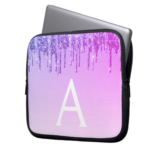 Lila Glitzer und Sparkon-Monogramm Laptopschutzhülle (Vorderseite Links)