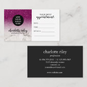 Lila Glitzer, weißer Marmor, Cursive Logo hinzufüg Visitenkarte (Vorne/Hinten)