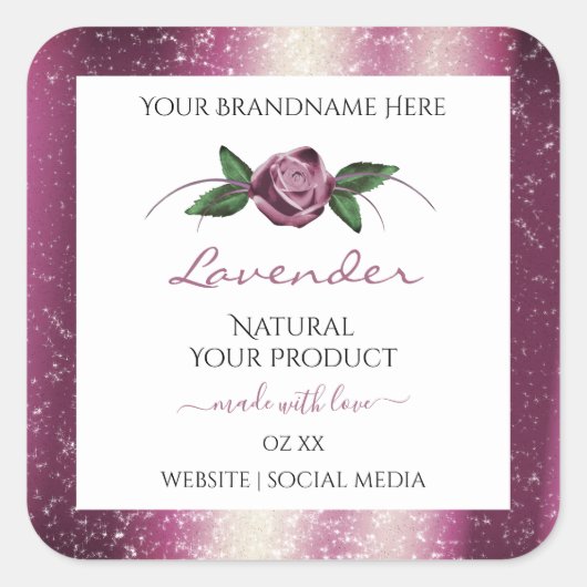 Lila Glitzer Weißproduktkennzeichnungen Rose Blume Quadratischer Aufkleber (Vorderseite)