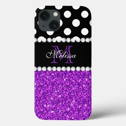 Lila Glitzer White Polka Dots Mit Monogramm Case-Mate iPhone Hülle (Rückseite)