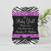 Lila Glitzer Zebra Bow Baby Shower Girl Einladung (Stehend Vorderseite)