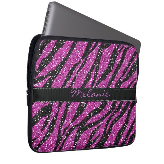 Lila Glitzer Zebra Print Monogram Laptopschutzhülle (Vorne Rechts)