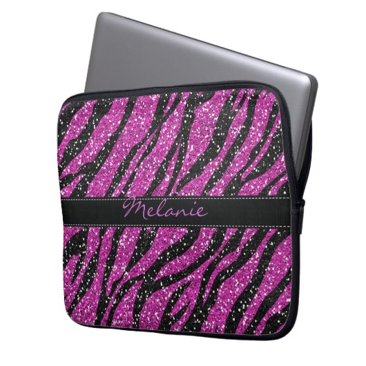 Lila Glitzer Zebra Print Monogram Laptopschutzhülle (Vorderseite Links)