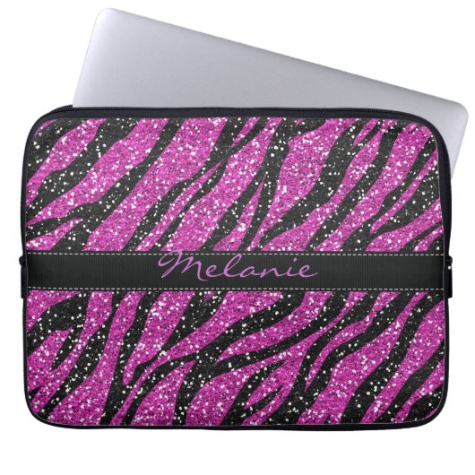 Lila Glitzer Zebra Print Monogram Laptopschutzhülle (Vorderseite)