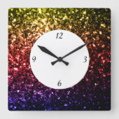Lila Glitzern mit gerenbogengelben Zahlen Quadratische Wanduhr (Vorderseite)