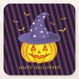 Lila Glitzern und schwarze Streifen Halloween Pump Rechteckiger Pappuntersetzer