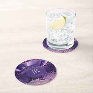 Lila glitzernde Achat-Textur-Monogramm Runder Pappuntersetzer