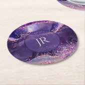 Lila glitzernde Achat-Textur-Monogramm Runder Pappuntersetzer (Angewinkelt)