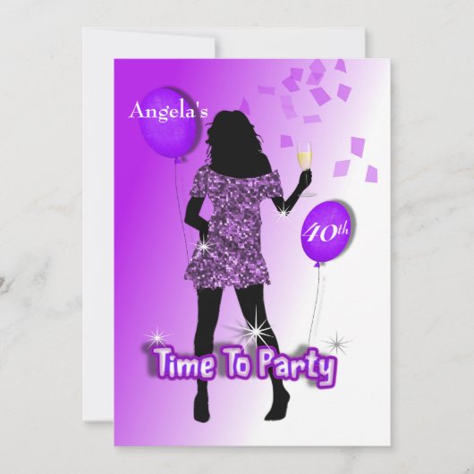 Lila Glitzy Girly Time to Party Personalisiert Einladung (Vorderseite)