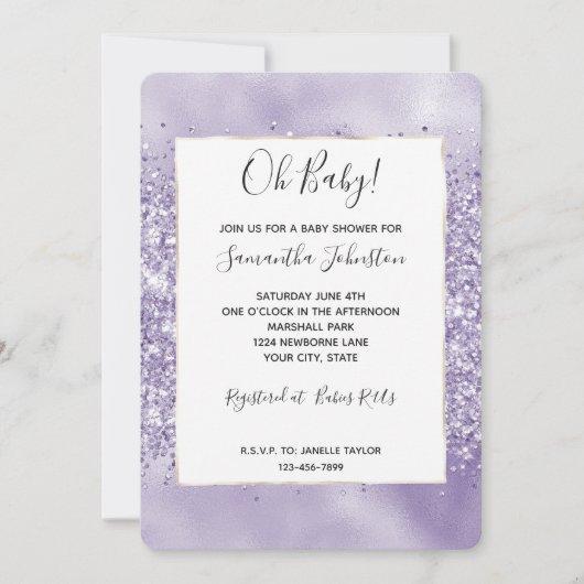 Lila Glitzy Glitzer Babydusche Einladung (Vorderseite)