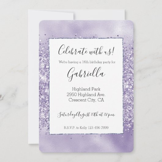 Lila Glitzy Glitzer Einladung (Vorderseite)