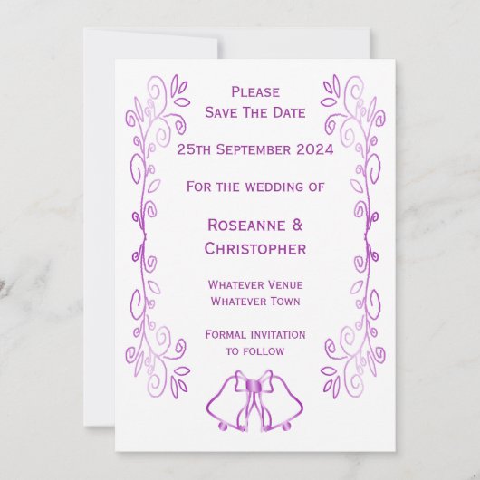 Lila Glocken-Scrollwork-Hochzeit Save The Date (Vorderseite)