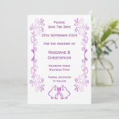 Lila Glocken-Scrollwork-Hochzeit Save The Date (Stehend Vorderseite)