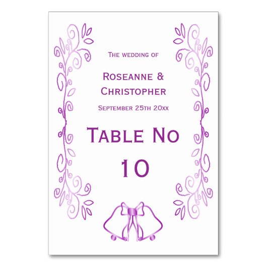 Lila Glocken-Scrollwork-Hochzeit Tischnummer (Vorderseite)