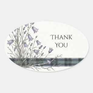 Lila Glockenblumen-Grüner-Tartan-Hochzeitsaufklebe Ovaler Aufkleber