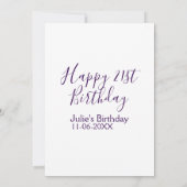 Lila glücklicher 21. Geburtstagsname Schlüsselanhä Einladung (Rückseite)