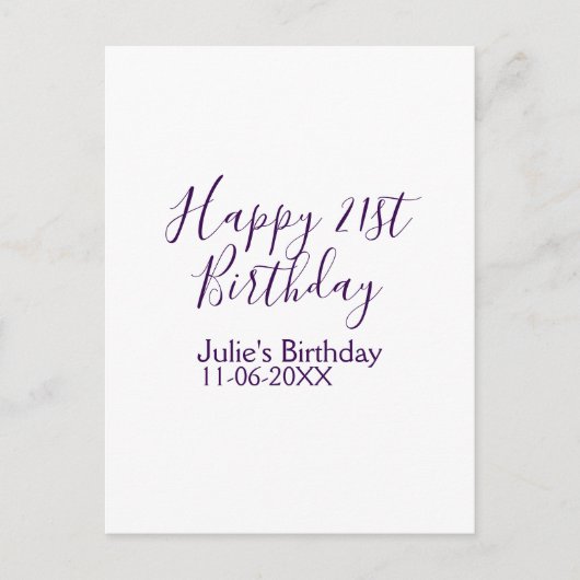 Lila glücklicher 21. Geburtstagsname Schlüsselanhä Postkarte (Vorderseite)