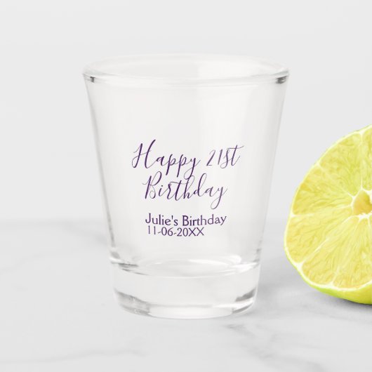 Lila glücklicher 21. Geburtstagsname Schlüsselanhä Schnapsglas (Vorderseite)