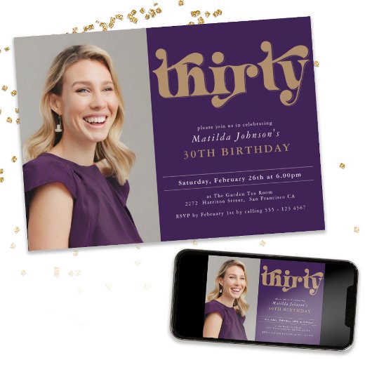 Lila Gold 30. Geburtstag Party Einladung