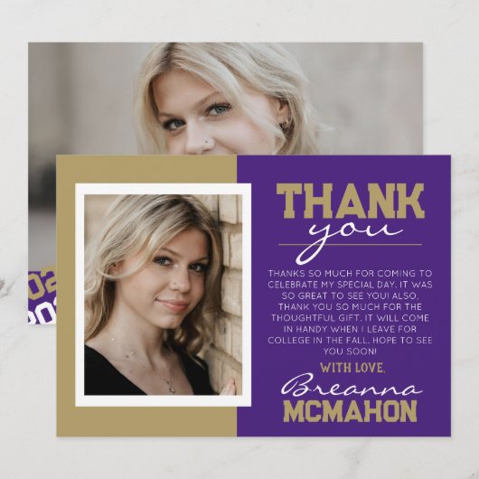Lila & Gold Abschluss 2 Foto Dankeschön Karte (Vorne/Hinten)