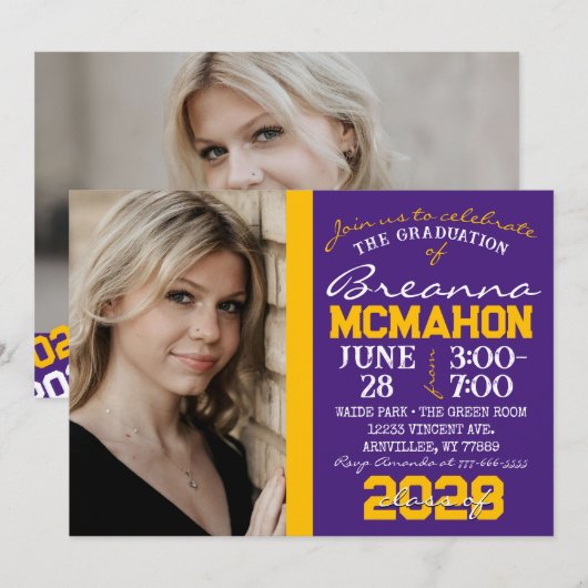 Lila & Gold Abschluss 2 Foto Einladung (Vorne/Hinten)