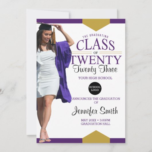 Lila Gold Abschluss Foto Einladung (Vorderseite)