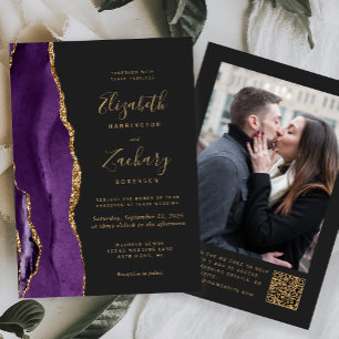 Lila Gold Achat dunkler Foto QR-Code Hochzeit Einladung