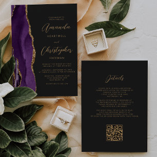 Lila Gold Achat Dunkler QR-Code Hochzeit Einladung