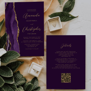 Lila Gold Achat Pflaume QR Code Hochzeit Einladung