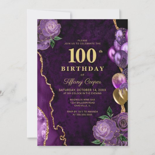 Lila Gold Agate 100. Geburtstag Einladung (Vorderseite)