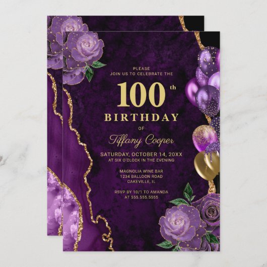 Lila Gold Agate 100. Geburtstag Einladung (Vorne/Hinten)