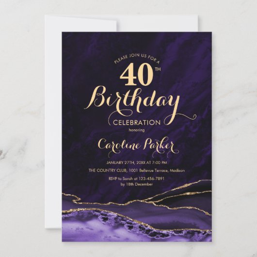 Lila Gold Agate 40. Geburtstag Einladung (Vorderseite)
