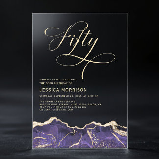 Lila Gold Agate 50. Geburtstagsparty Acryleinladungen