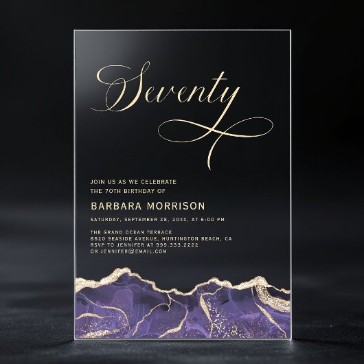Lila Gold Agate 70. Geburtstagsparty Acryleinladungen