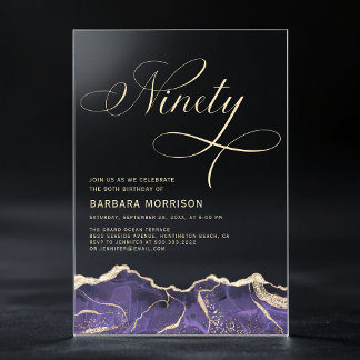 Lila Gold Agate 90. Geburtstagsparty Acryleinladungen