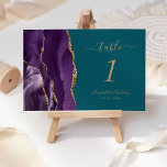 Lila Gold Agate Aquamarin Wedding<br><div class="desc">Der links Rand dieser eleganten,  modernen Hochzeitskarte mit einer lila Aquarellgrenze,  die mit Imitaten vergoldetem Glitzer bestickt ist. Der anpassbare Text kombiniert goldfarbene Handschriften mit kursiven und kopperplate-Schriftart auf aquamarinem blauen Hintergrund.</div>