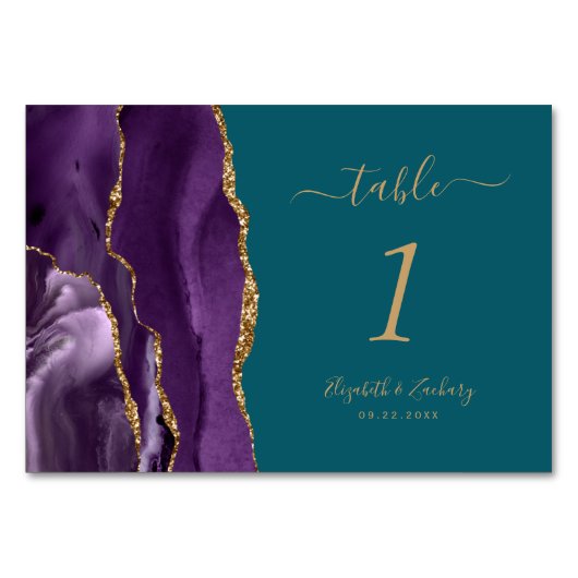 Lila Gold Agate Aquamarin Wedding Tischnummer (Rückseite)