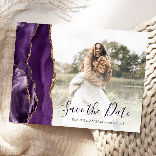 Lila Gold Agate Custom Foto Save the Date Postkarte