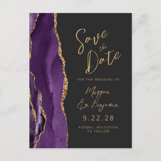 Lila Gold Agate Dark QR Code Save the Date Ankündigungspostkarte (Vorderseite)