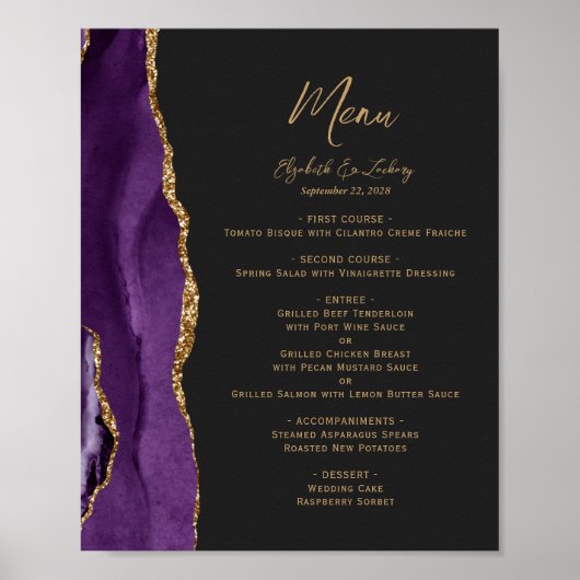 Lila Gold Agate Dark Wedding Table Menu Poster (Vorne)
