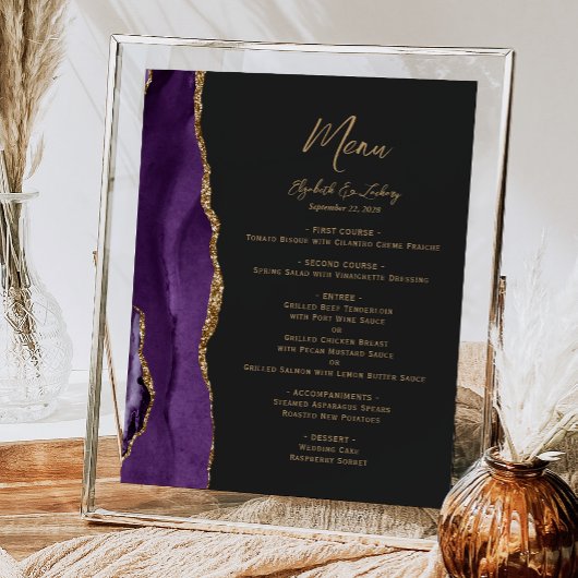 Lila Gold Agate Dark Wedding Table Menu Poster