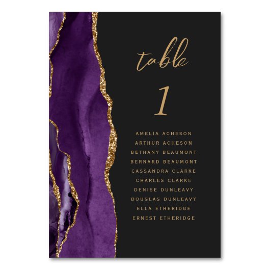 Lila Gold Agate Dark Wedding Tischnummer (Rückseite)
