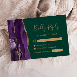 Lila Gold Agate Emerald Green Wedding RSVP Card