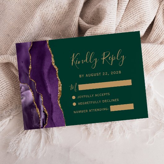 Lila Gold Agate Emerald Green Wedding RSVP Card