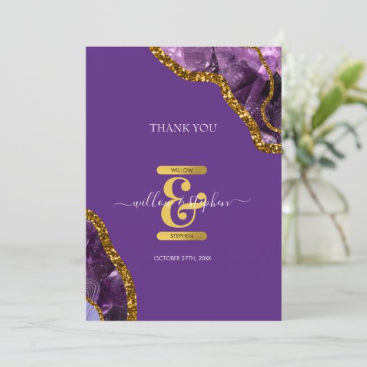 Lila & Gold Agate Geode Glitzer Hochzeit Dankeskarte (Stehend Vorderseite)