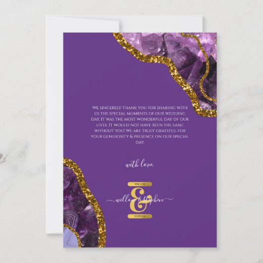 Lila & Gold Agate Geode Glitzer Hochzeit Dankeskarte (Rückseite)